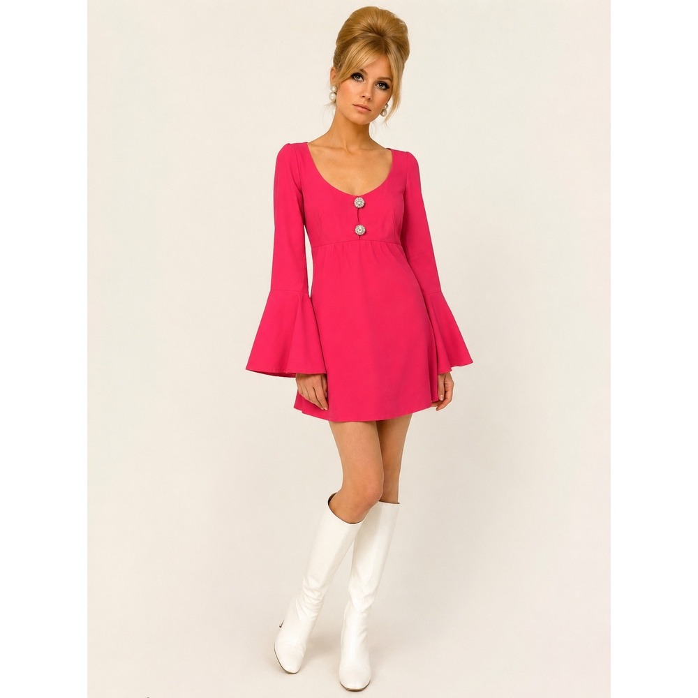 Vintage 60's Hot Pink Mini Dress Bell Sleeve‎ M Mod Retro Feminine Rhinestones